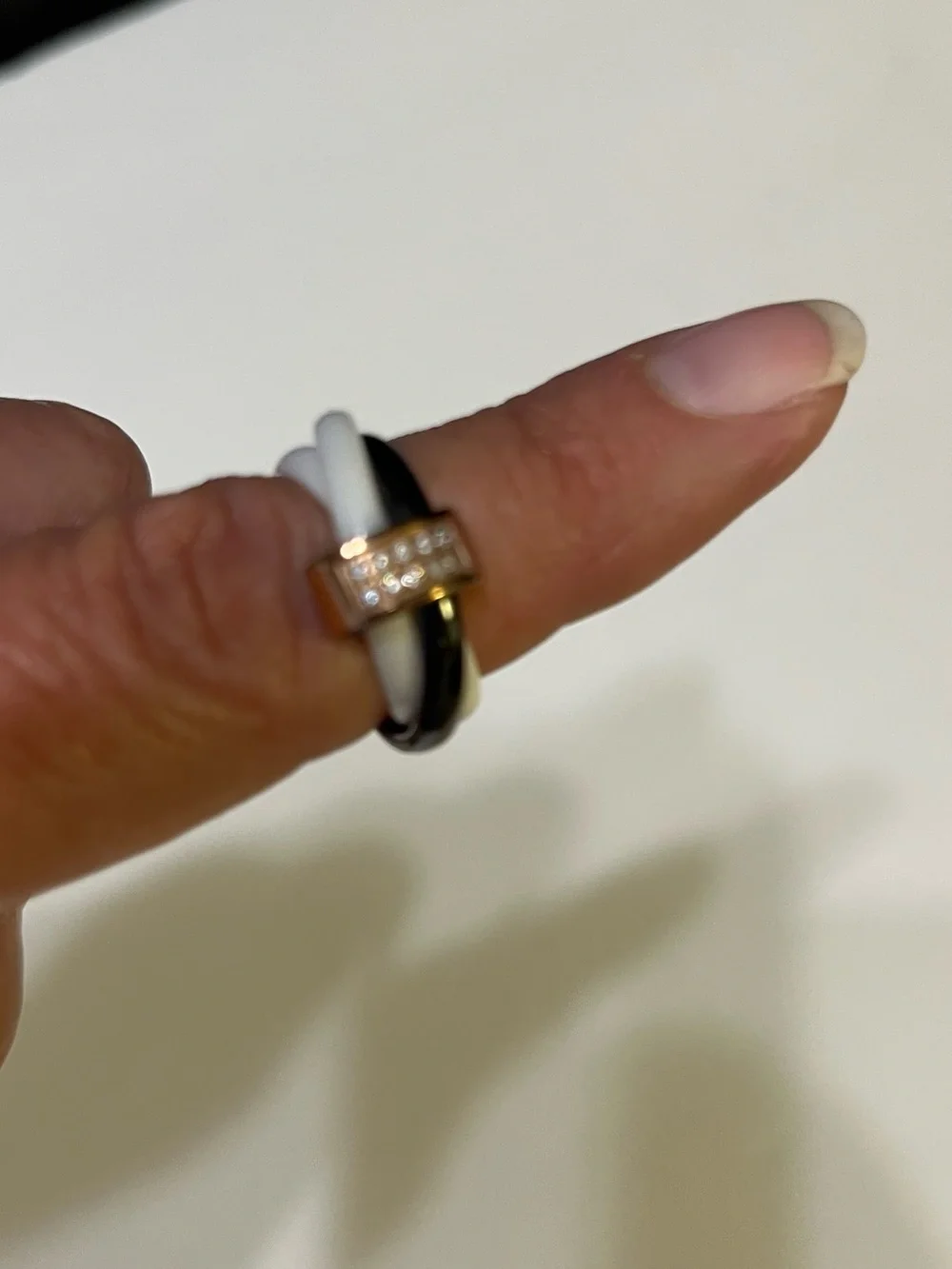 Black and White Ceramic Stack Ring with Rose Gold Accent
